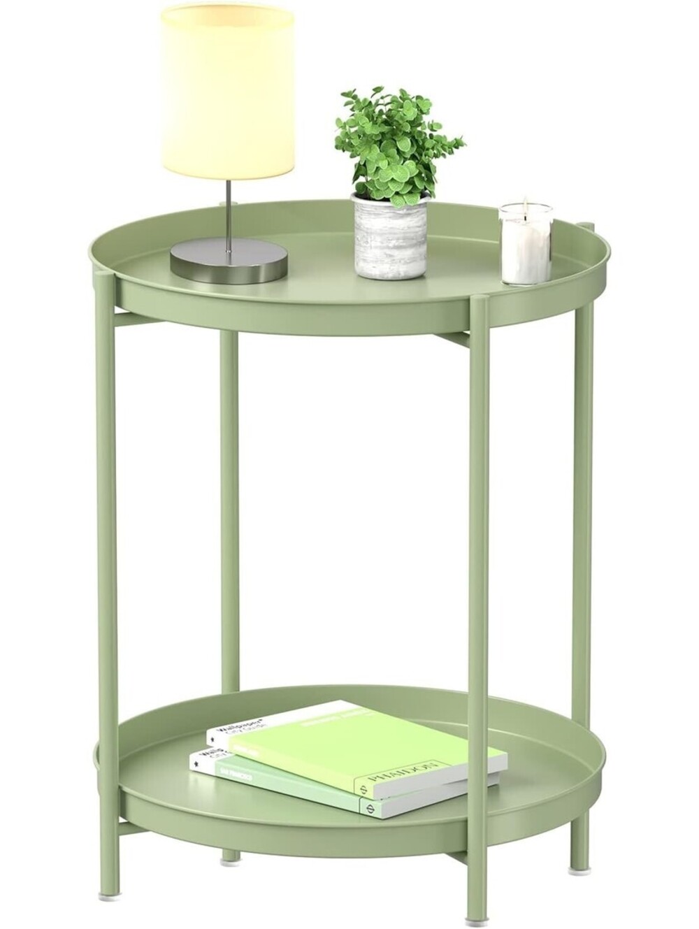 2 Tier End Table - Metal Side Table with Removable Tray Green New